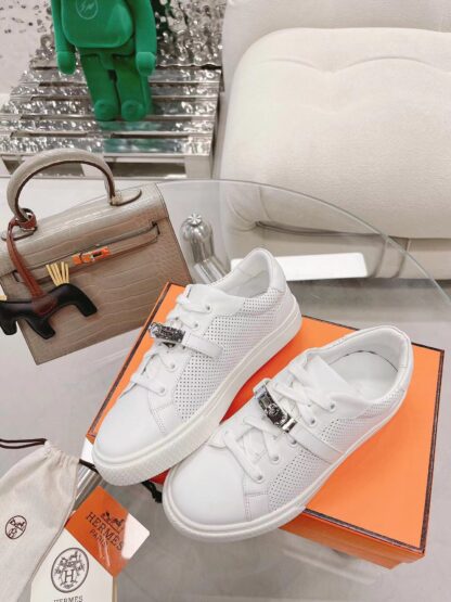 Hermes white latest kelly shoe buckle classic flat casual shoes - Image 5