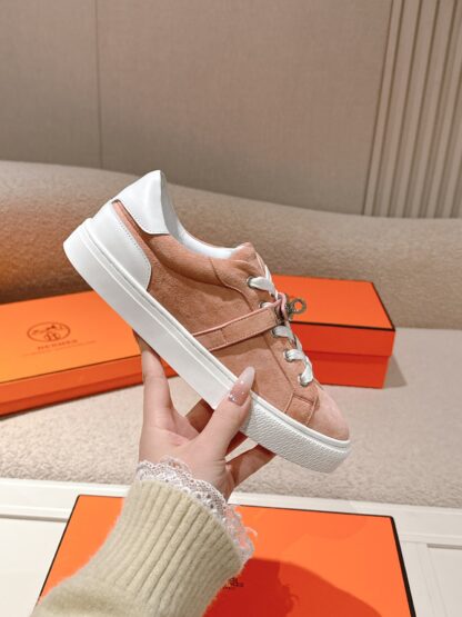 Hermes pink apricot latest kelly shoe buckle classic flat casual shoes - Image 5