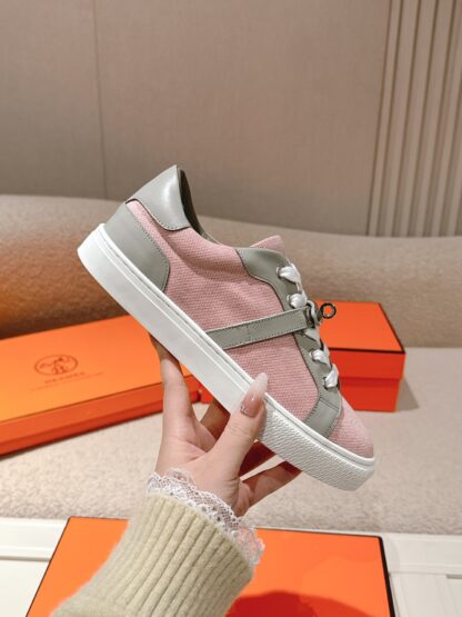Hermes couple's gray and pink Kelly shoe buckle classic flat casual shoes - Image 5