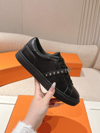 Hermes couple black kelly shoe buckle classic flat casual shoes - Image 5
