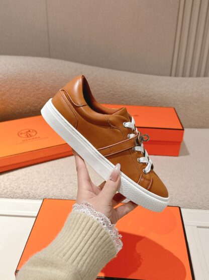 Hermes couple brown kelly shoe buckle classic flat casual shoes - Image 5