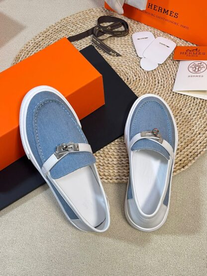 Hermes Kelly shoe buckle blue and white fashion noble casual loafers - Image 5