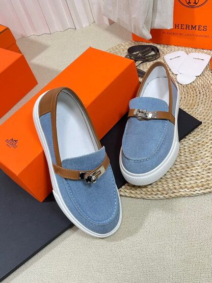 Hermes kelly shoe buckle blue brown fashion noble casual loafers - Image 5