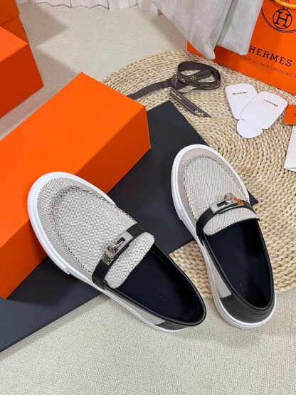 Hermes Kelly shoe buckle gray and black stylish and noble casual loafers - Image 5