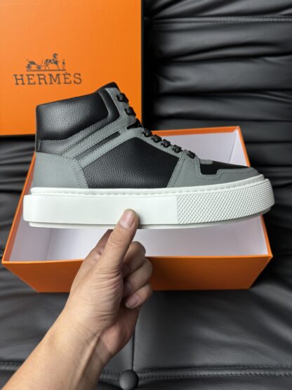 Hermes grey and black color matching cowhide high-end noble high-top casual shoes - Image 5