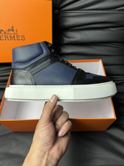 Hermès blue and black color matching cowhide high-end noble high-top casual shoes - Image 5