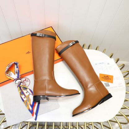 Hermès classic kelly buckle brown flat fashion mid-calf boots - Image 5
