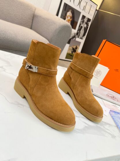 Hermès Classic Brown Silver Buckle Suede Biker Boots - Image 5