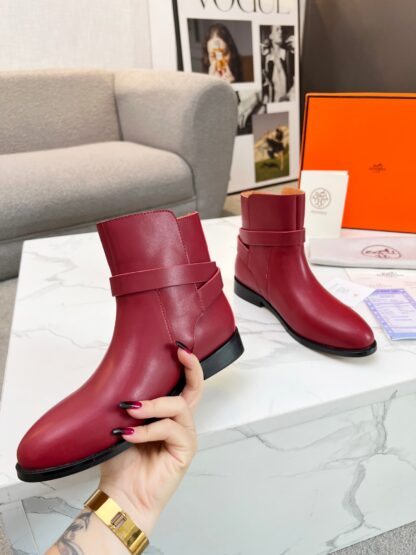 Hermes dark red silver buckle classic kelly buckle fashion ankle boots - Image 5