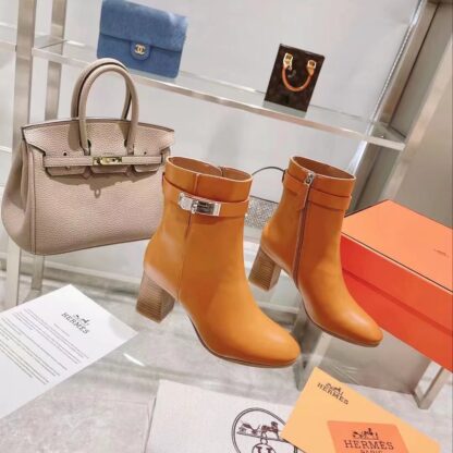 Hermes autumn and winter fashion brown women's short boots heel height 7cm - Image 4