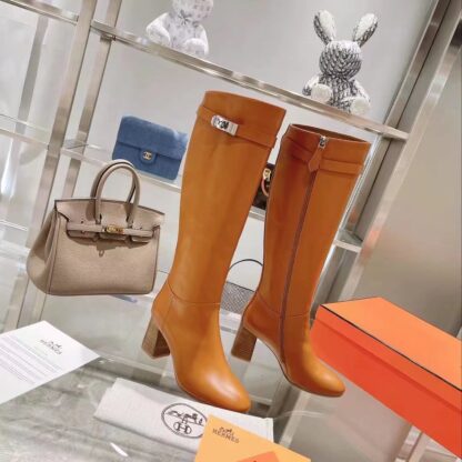 Hermes autumn and winter fashion brown women's long boots heel height 7cm - Image 4