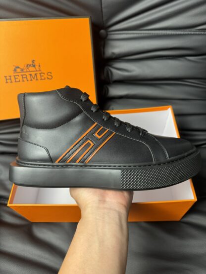 Hermès black and orange color matching cowhide high-end noble high-top casual shoes - Image 5
