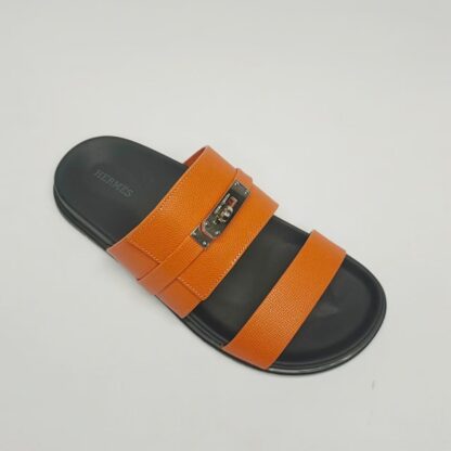 Hermès couple's orange silver buckle woven sandals - Image 5