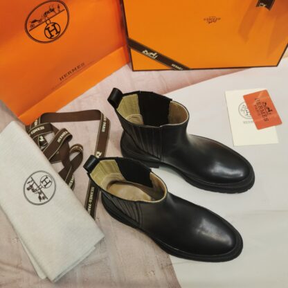 Hermes autumn and winter black leather ankle boots heel height 4cm - Image 4