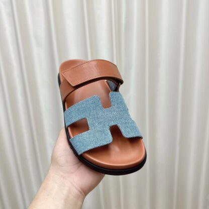 Hermès classic blue apricot couple woven slippers - Image 5