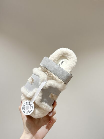 Hermès autumn and winter must-have stylish and comfortable apricot gray wool slippers - Image 5