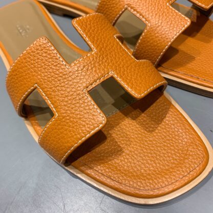 Hermès Orange Classic Litchi Leather Handmade Flat Slippers - Image 5