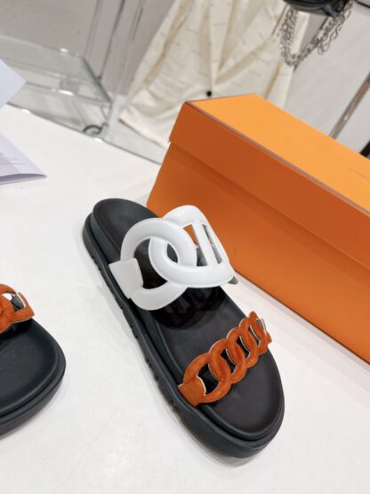 Hermes white brown spring and summer new leather slippers - Image 5