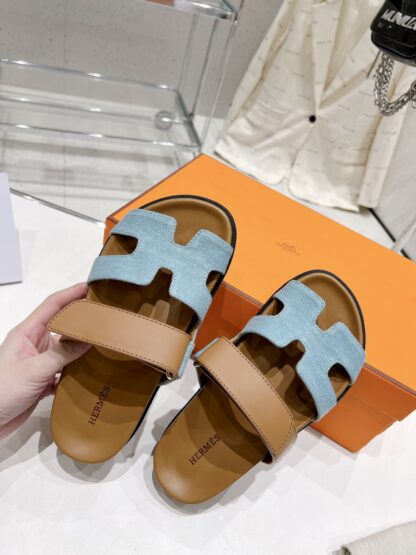 Hermes brown blue spring and summer new leather slippers - Image 5