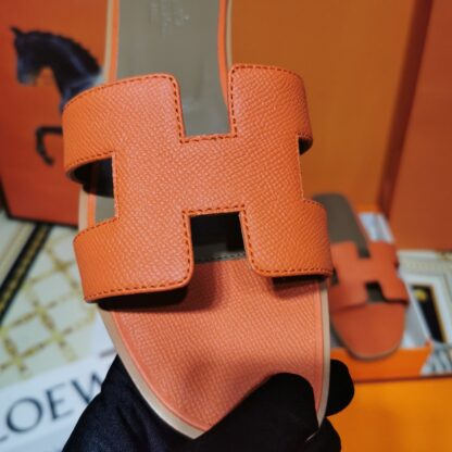 Hermès Palm Pattern Orange Leather Slippers - Image 5