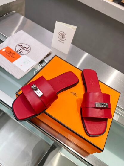 Hermès early spring new red pure handmade leather slippers - Image 5