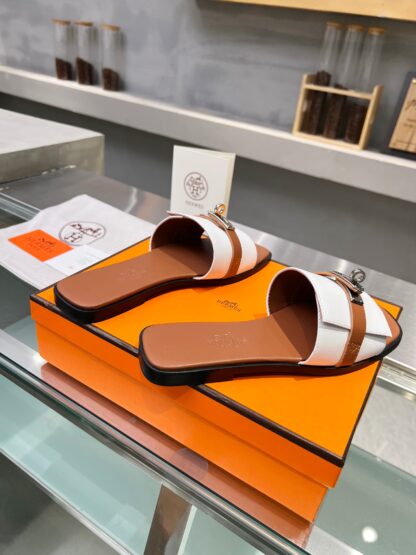 Hermès early spring new white and brown pure handmade leather slippers - Image 4