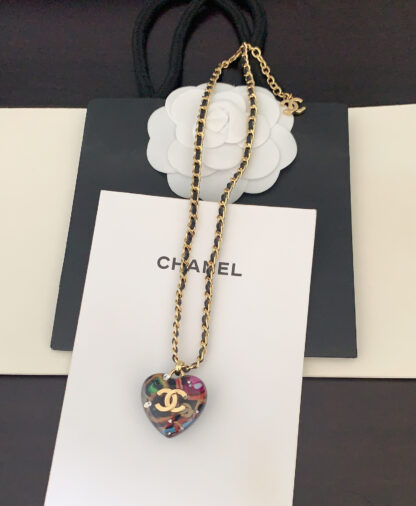 Chanel multicolored heart black leather necklace