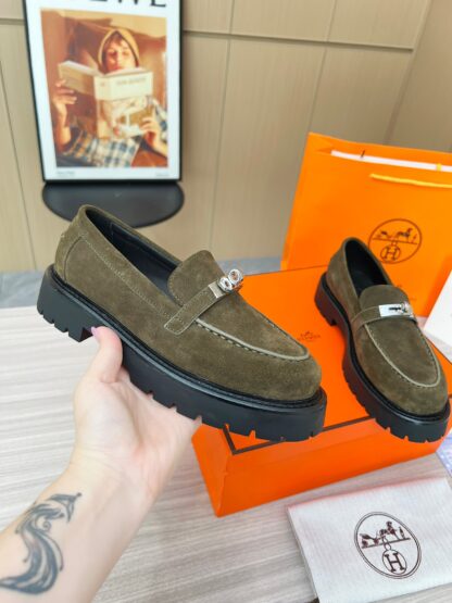 Hermes dark green comfortable trendy leather loafers - Image 3