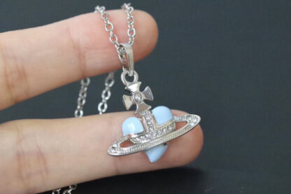 Vivienne Westwood blue enamel heart Saturn necklace - Image 4