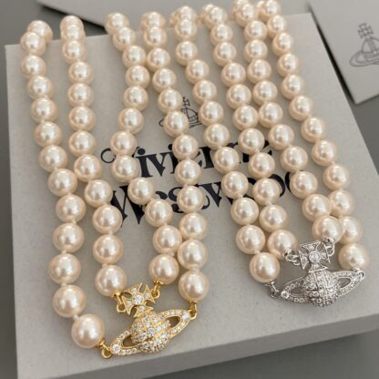 Vivienne Westwood Saturn double pearl necklace with full diamonds - Image 5