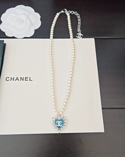 Chanel Blue Heart Pearl Necklace