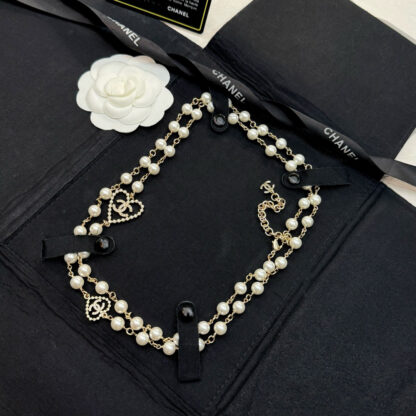 Chanel Hollow Heart Diamond Double C Pearl Necklace - Image 6