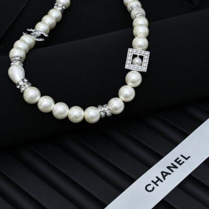 Chanel Full Diamond Square Pearl Letter Necklace - Image 5