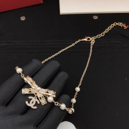 Chanel Light Gold Bow Diamond Pearl Necklace - Image 5