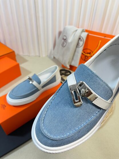 Hermes Kelly shoe buckle blue and white fashion noble casual loafers - Image 6