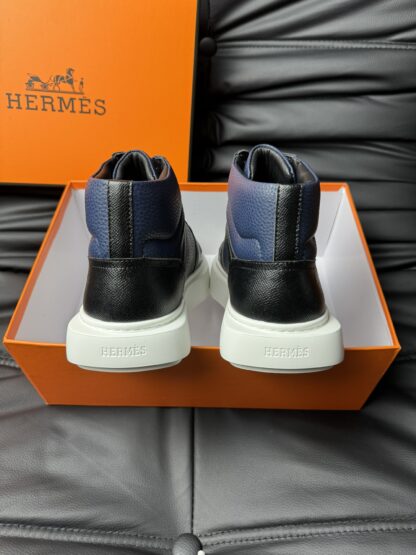 Hermès blue and black color matching cowhide high-end noble high-top casual shoes - Image 6
