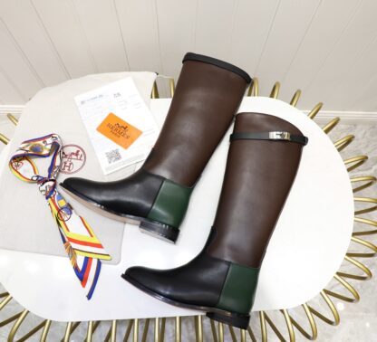 Hermès classic kelly buckle stylish brown and green color matching mid-calf boots - Image 6