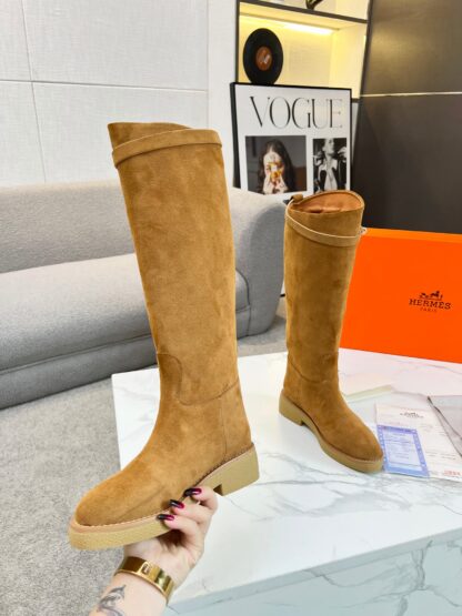 Hermès classic kelly buckle brown velvet fashion mid-calf boots - Image 5