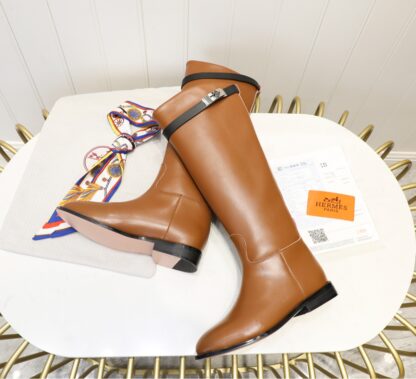 Hermès classic kelly buckle brown flat fashion mid-calf boots - Image 6