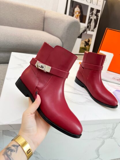 Hermes dark red silver buckle classic kelly buckle fashion ankle boots - Image 6