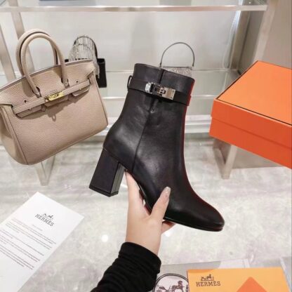 Hermes autumn and winter fashion black women's short boots heel height 7cm - Image 5