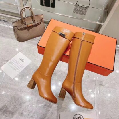 Hermes autumn and winter fashion brown women's long boots heel height 7cm - Image 5