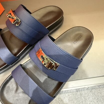 Hermes dark blue gold buckle summer pure handmade high-end sandals - Image 6