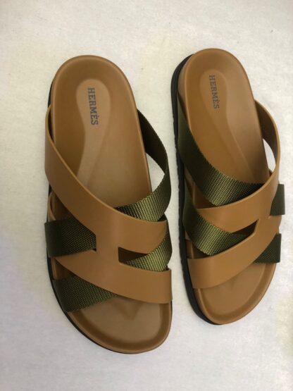 Hermès Brown and Green Braided Slippers - Image 3