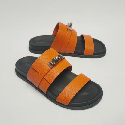 Hermès couple's orange silver buckle woven sandals - Image 6