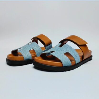 Hermès Couple Braided Brown and Blue Slippers - Image 6