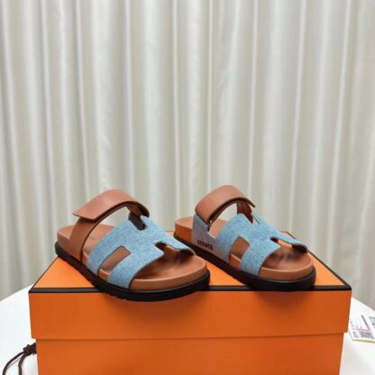 Hermès classic blue apricot couple woven slippers - Image 6