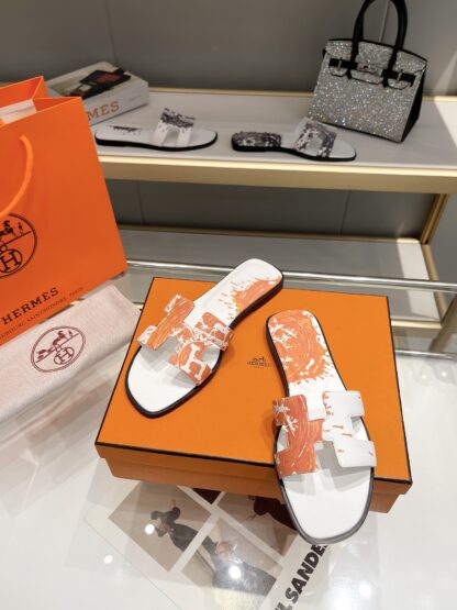 Hermès early spring new white and orange color matching pure handmade slippers - Image 6