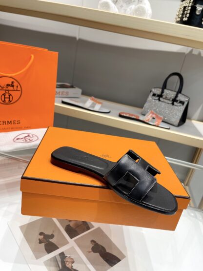 Hermès early spring new pure handmade black flat slippers - Image 6