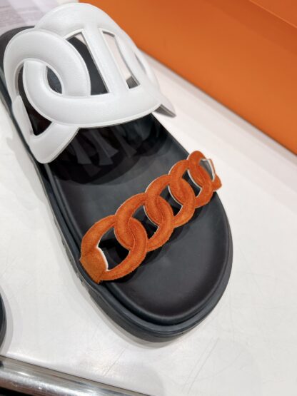 Hermes white brown spring and summer new leather slippers - Image 6